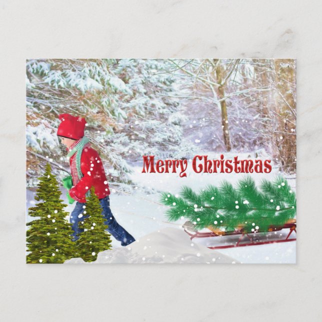 God Jul Pojke med släde Holiday Vykort (Framsida)