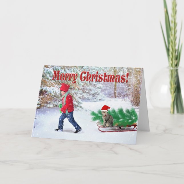 God Jul Pojke och Katt / Hämtar Hem Julgran Kort (Framsida)