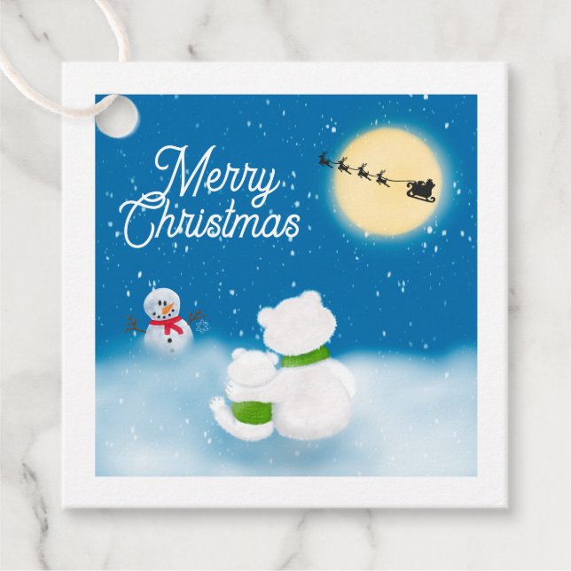 God jul Polar Bear & Unge Snowy Natt Gåvor Etiketter (Framsida)