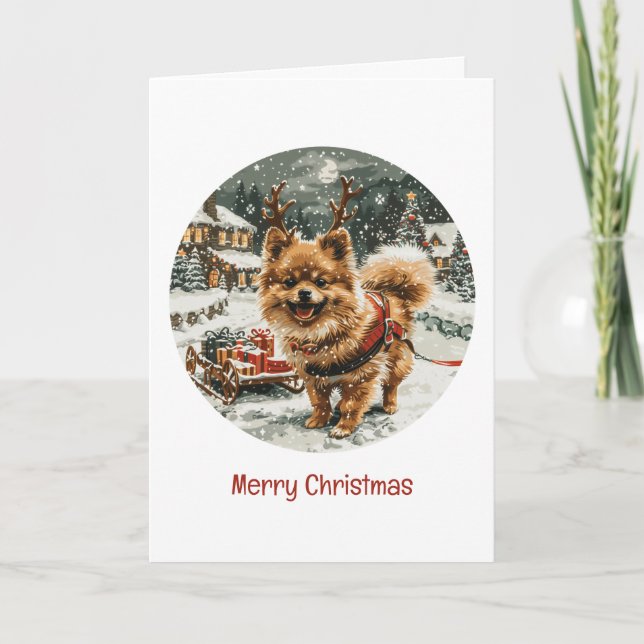 God jul Pommern Reindeer Hund Helgkort (Framsida)