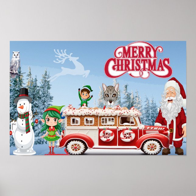 God jul poster (A Christmas Scene with a snowman and Santa Claus.)