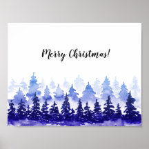 God jul poster. Blå vinterlandskap.