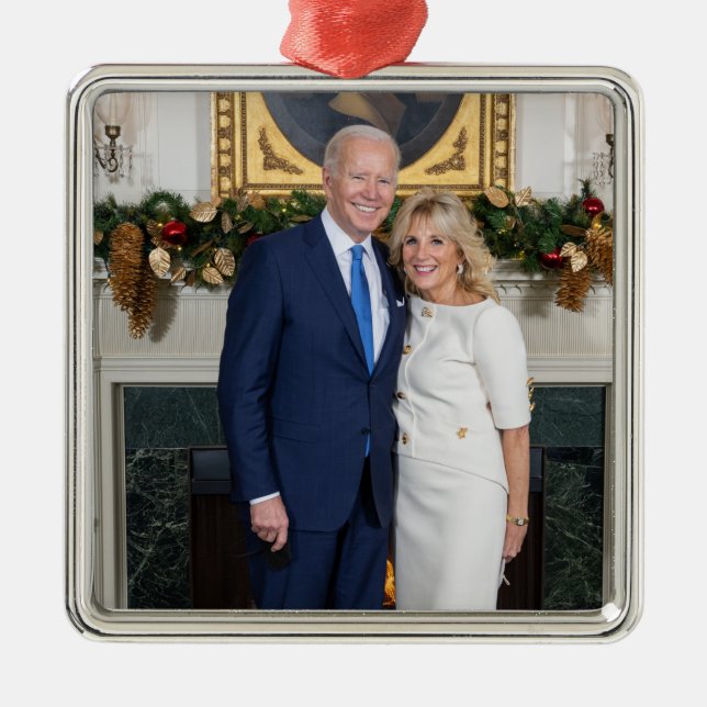 God jul, president Joe Biden och Dam 1:a Julgransprydnad Metall (Framsidan)
