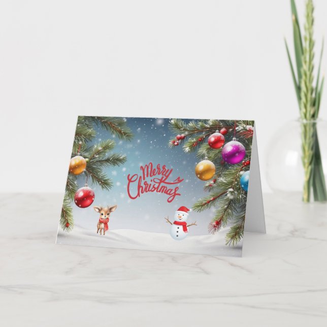 God jul-prydnadsföremål, Snögubbe, renar Helgkort (Framsida)