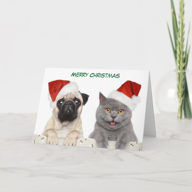 God jul Pug hund och Kittten Helgkort (Framsida)