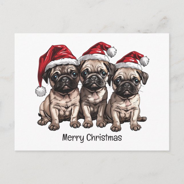God jul Pug Hundar Santa Vykort (Framsida)
