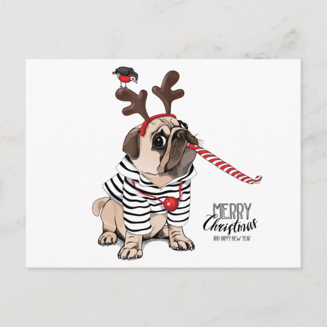 God jul | Pug Reindeer Vykort (Framsida)