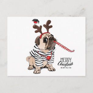 God jul Pug Reindeer Vykort