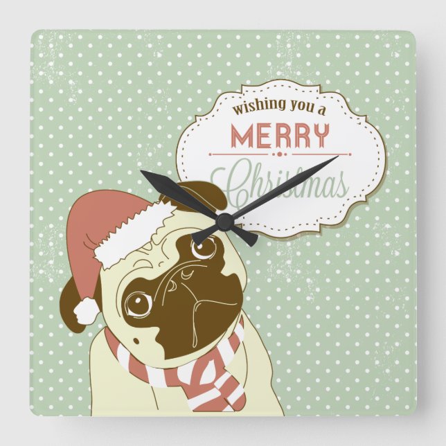 God jul Pug Square Wall Clock Fyrkantig Klocka (Framsida)