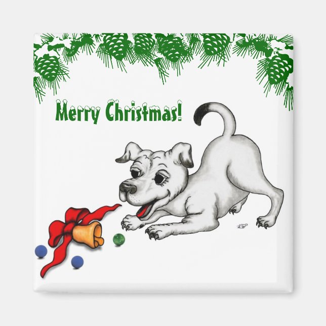 God jul! Puppy med Bell och Boll Magnet (Framsidan)