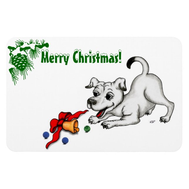 God jul! Puppy med Bell och Boll Magnet (Horisontell)