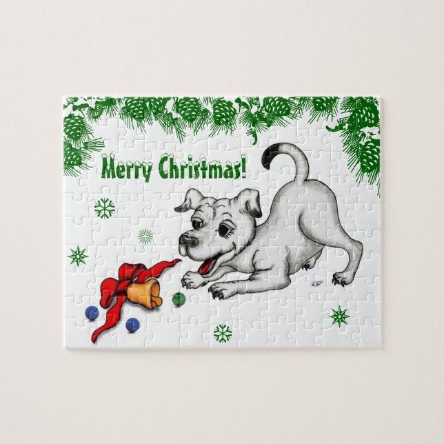 God jul! Puppy med Bell och Boll Pussel (Horisontell)