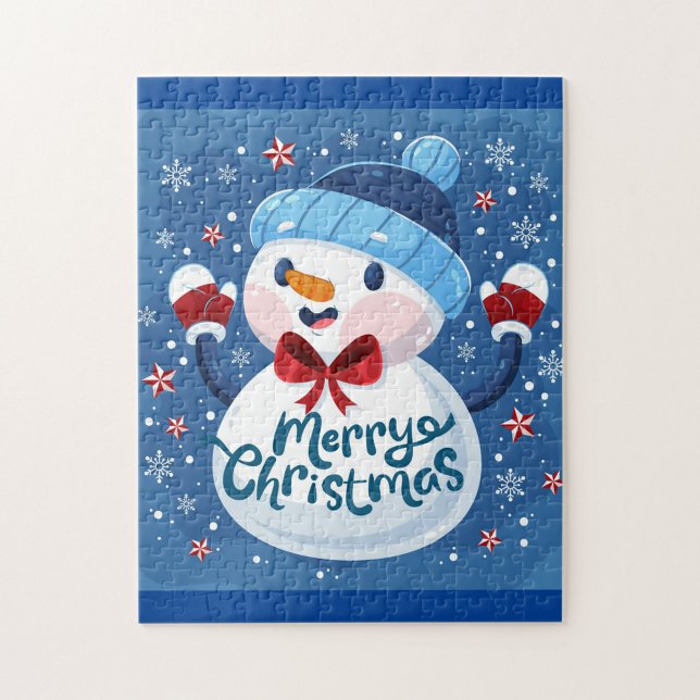 God jul pussel (Illustration of a jigsaw puzzle with a snowman wearing a blue hat and red bowtie!)