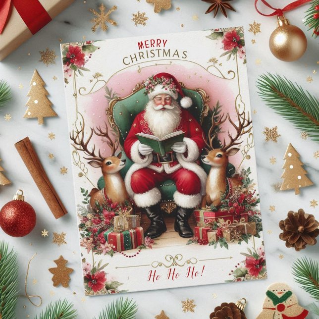 God jul Quote Santa Reading to Reindeers Julkort (Merry Christmas Quote Santa Reading to Reindeers Holiday Card)