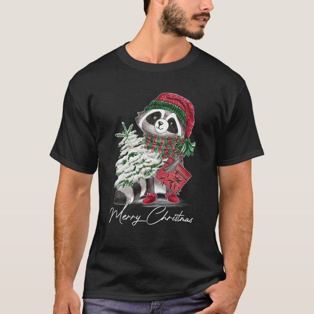 God jul Raccoon Älskare Santa Hat Scarf Chri T Shirt (Framsida)