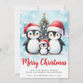 God jul Red and Blue Cute Penguin Family Julkort