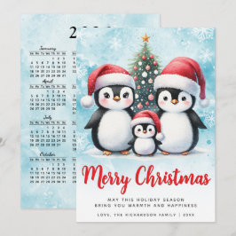 God jul Red and Blue Cute Penguin Family Julkort