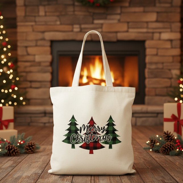 God jul Red and Grönt Buffalo Play Träd Tygkasse (Merry Christmas Red and Green Buffalo Plaid Trees Tote Bag)