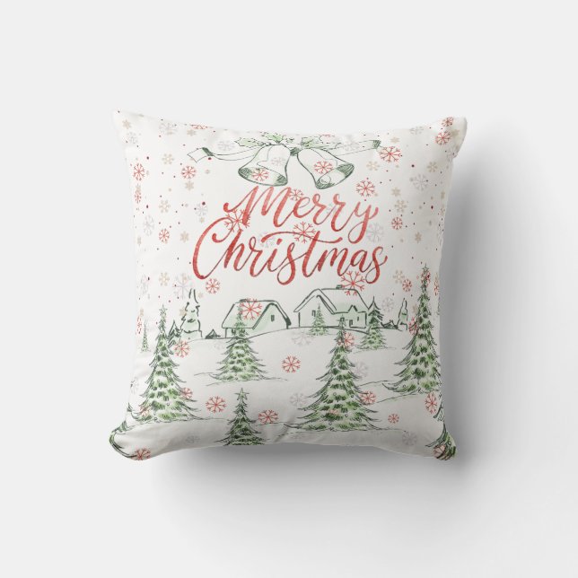 God jul Red and Grönt Snowy Träd Kudde (Framsida)