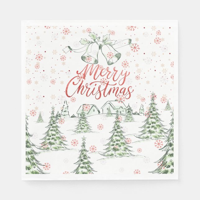 God jul Red and Grönt Snowy Träd Pappersservett (Framsidan)