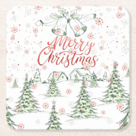 God jul Red and Grönt Snowy Träd Underlägg Papper Kvadrat