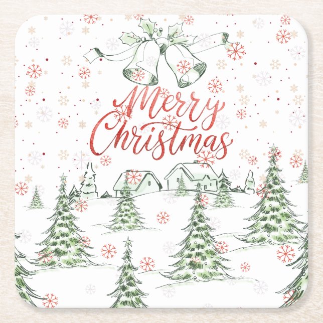 God jul Red and Grönt Snowy Träd Underlägg Papper Kvadrat (Framsidan)