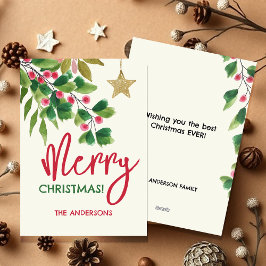 God jul Red and Grönt Watercolor Grenar Julkort