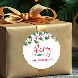 God jul Red and Grönt Watercolor Watercolor Wand Runt Klistermärke