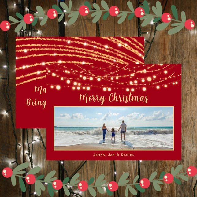 God jul Red and Guld Single Photo Julkort (Merry Christmas Red and Gold Single Photo Holiday Card)