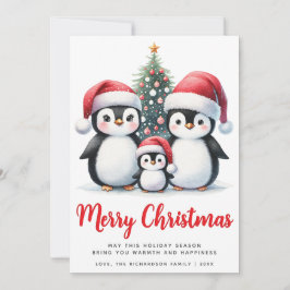 God jul Red and White Cute Penguin Family Julkort