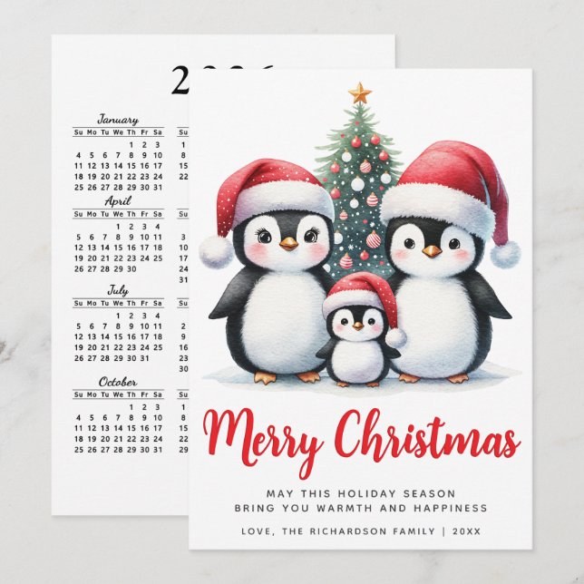 God jul Red and White Cute Penguin Family Julkort (Fram/baksida)