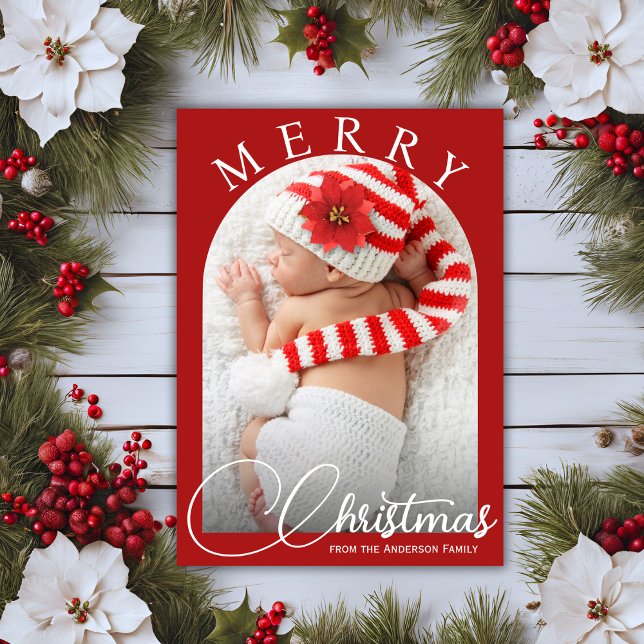 God jul Red and White Family Photo Julkort (Merry Christmas Red And White Family Photo Holiday Card)