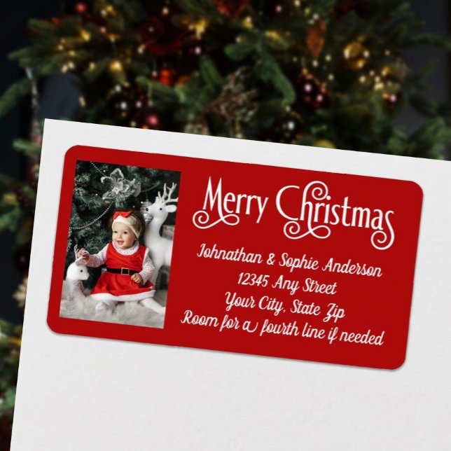 God jul Red and White Photo Returadress Adressetikett (Merry Christmas Red and White Photo Return Address Label)