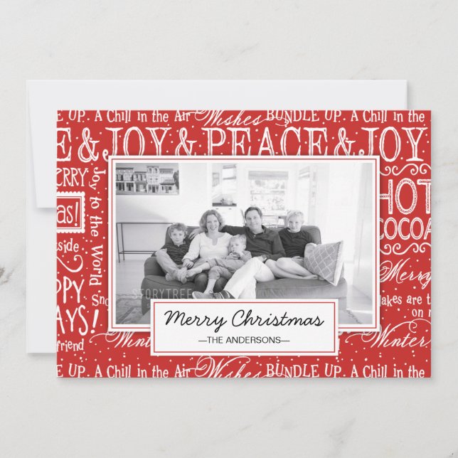 God jul Red and White Verse Family Photo Julkort (Framsida)
