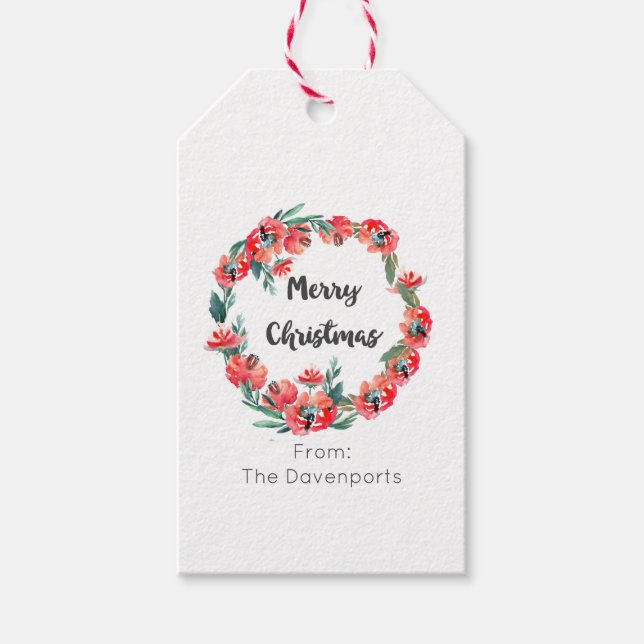 God jul Red Blommigt Vattenfärgning Utandning Presentetikett (Framsidan)