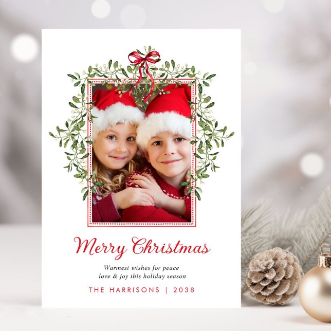 God jul Red Bow Greenery Watercolor Photo Julkort (Share the love and warmth of the holiday season with this personalized photo Christmas card)
