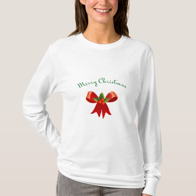 GOD JUL Red Bow med Holly Festive Modern T Shirt (Framsida)