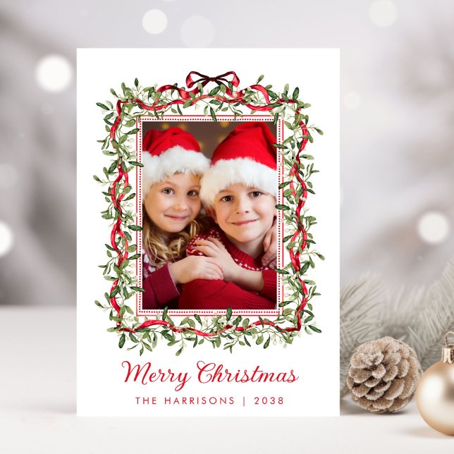 God jul Red Bows Greenery Watercolor Photo Julkort (Share the love and warmth of the holiday season with this personalized photo Christmas card)