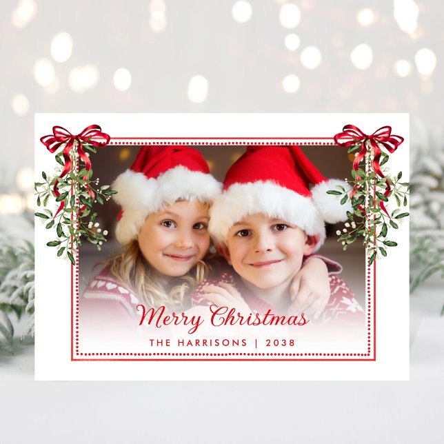God jul Red Bows Greenery Watercolor Photo Julkort (Share the love and warmth of the holiday season with this personalized photo Christmas card)