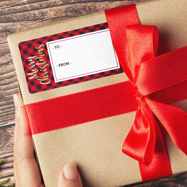 God jul Red Buffalo Plade Sticker Gift Märkre Fraktsedel (Merry Christmas Red Buffalo Plaid Sticker Gift Tag)