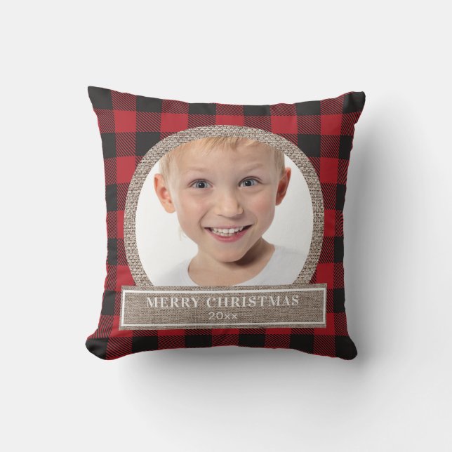 God jul Red Buffalo Play Burlap Photo Kudde (Framsida)
