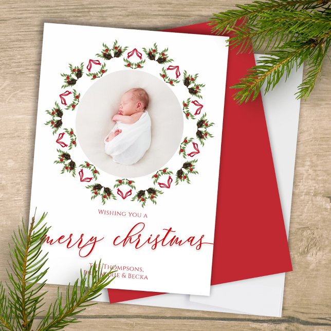God jul Red Calligraphy One Photo Julkort (Merry Christmas Calligraphy script mandala wreath design photo card. )