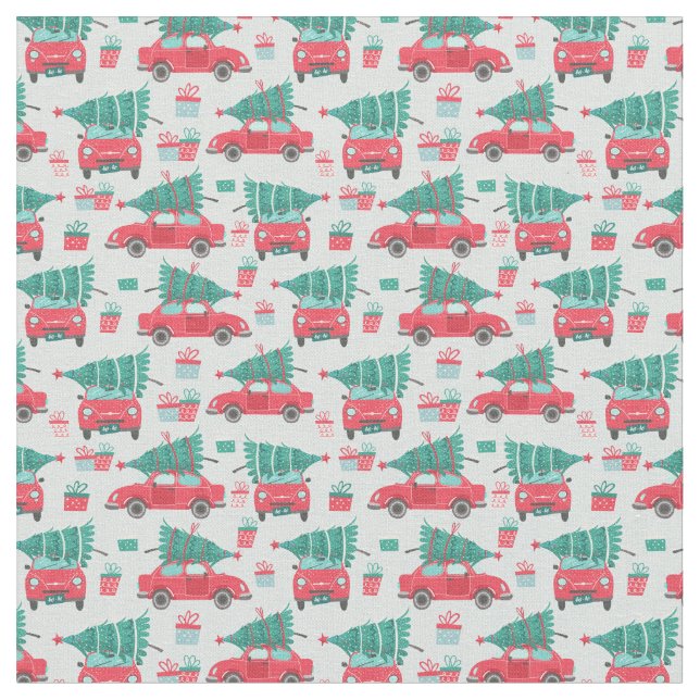 God jul Red Car Julgran Mönster Tyg (Närbild)