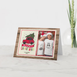 God jul Red Car Photo Rustic Wood Helgkort