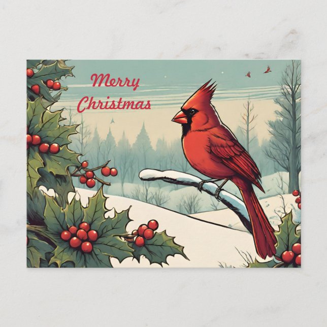 God jul Red Cardinal Bird and Holly Berry Helg Vykort (Framsida)