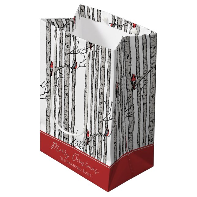God jul Red Cardinal Bird & Birch Träd (Framsidan Vinklad)