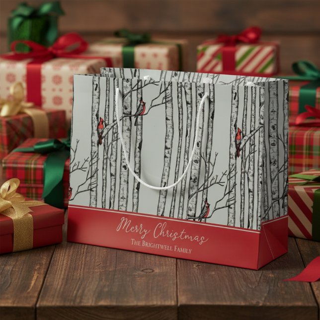 God jul Red Cardinal Bird & Birch Träd (Modern Nature Wildlife Pattern. Hand Drawn Cardinal Birds in Winter Birch Tree Forest. Red & Green)