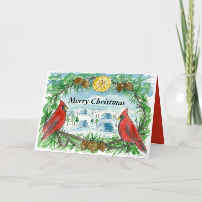 God jul Red Cardinal Birds Victorian Helgkort (Framsida)