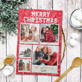 God jul Red Doodles 5 Photo Family Gift Kökshandduk