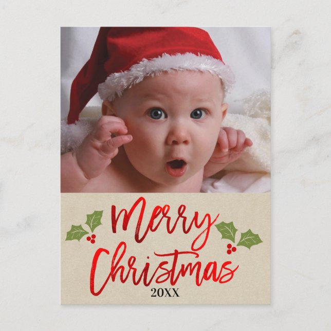 God jul Red Foil Modern Script Photo Helg Vykort (Framsida)